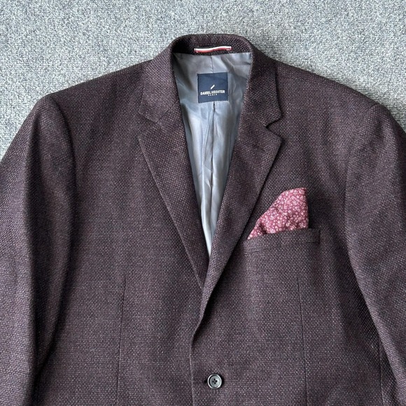 Daniel Hechter Blazer Mens 44R Brown Wool Textured Coat Pocket Square